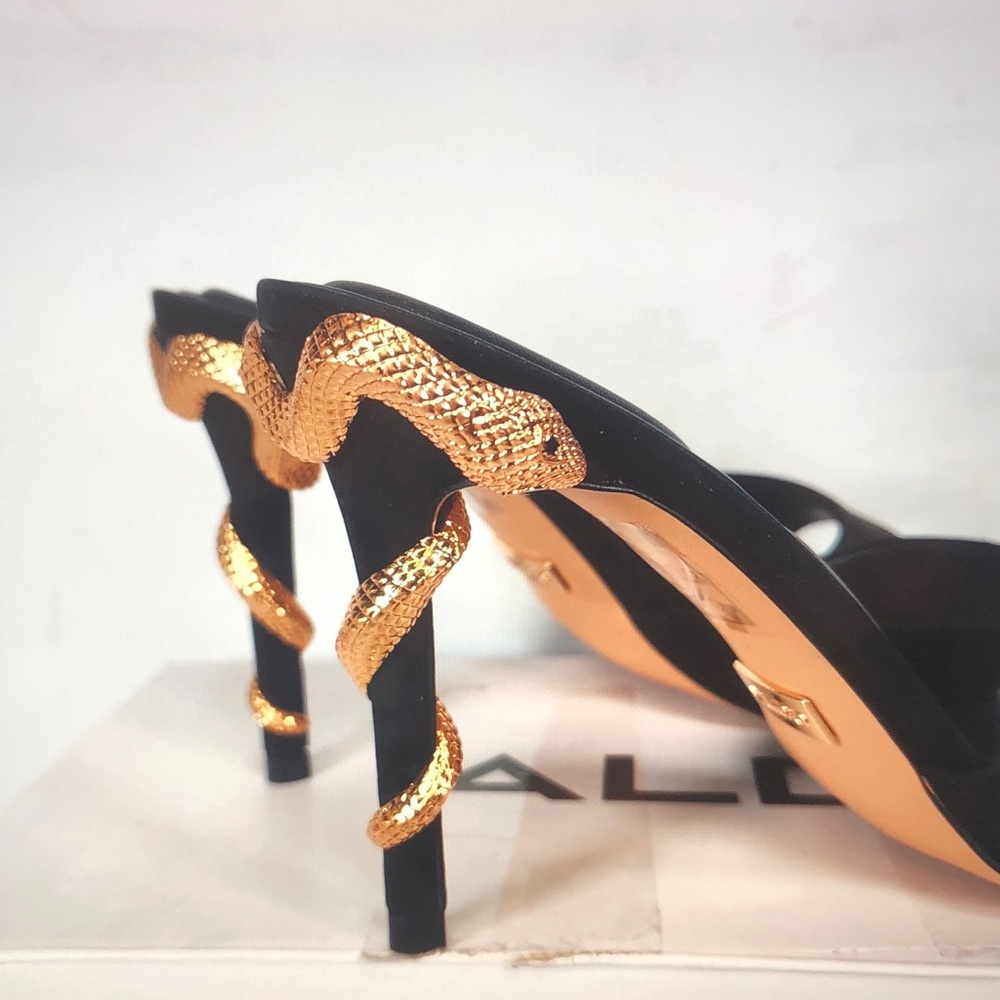 ALDO Black Suede Pointed Toe Mule with Gold Decorative Heel - Picture 3 of 8